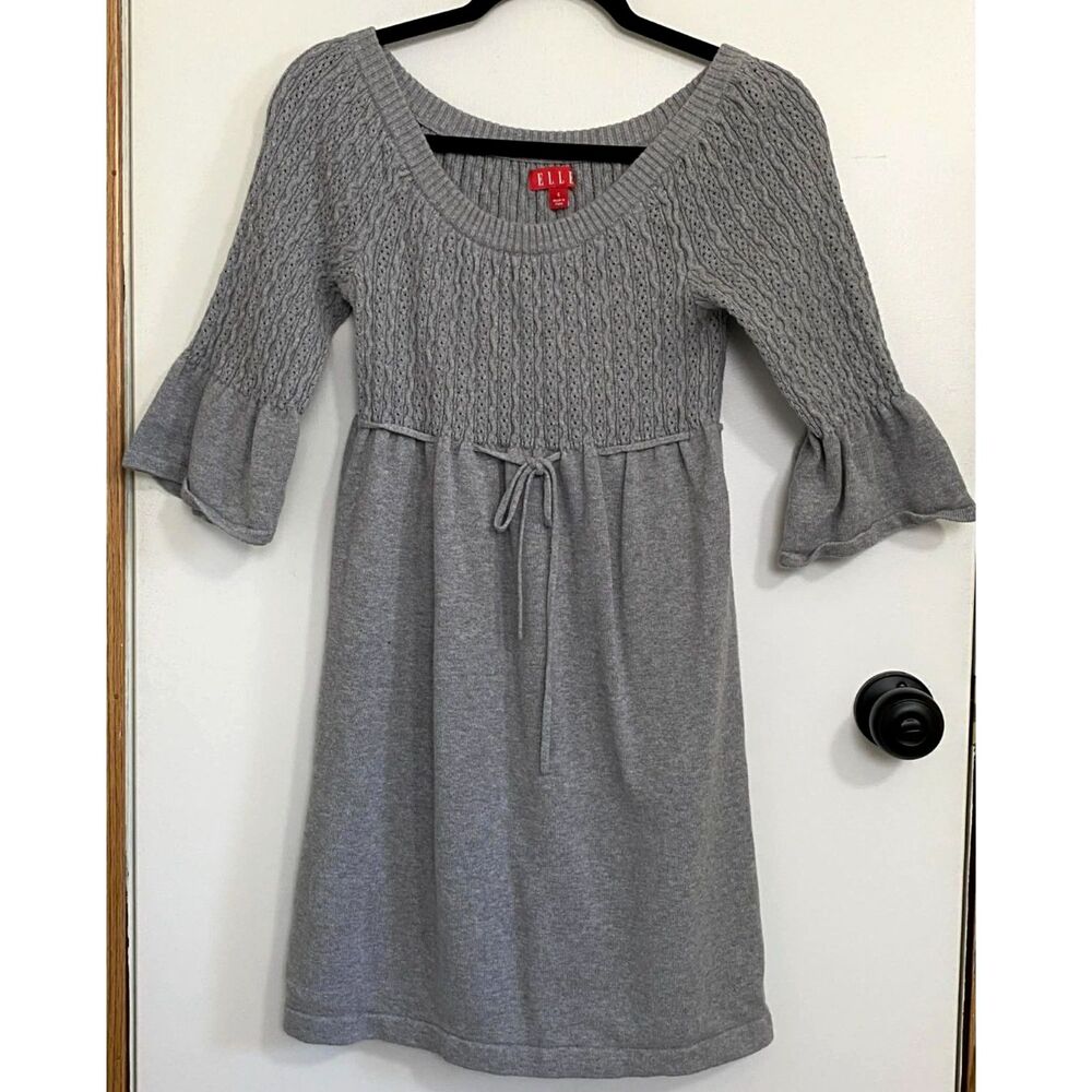 ELLE Women’s Gray Knit Sweater Dress Bell Sleeve Tie Waist Size Small